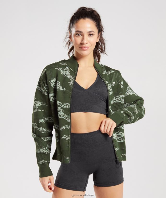 kamuflaj dikişsiz eşofman ceketini uyarlayın kadınlarGymshark yosun zeytini/aloe yeşili 02H048371