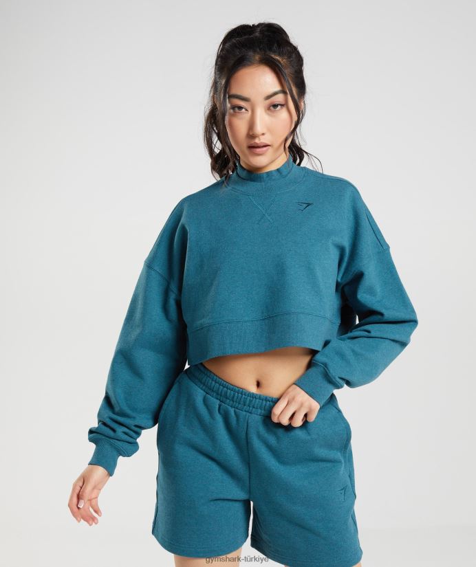 dinlenme günü terli kırpılmış kazak kadınlarGymshark çelik mavisi marn 02H048365