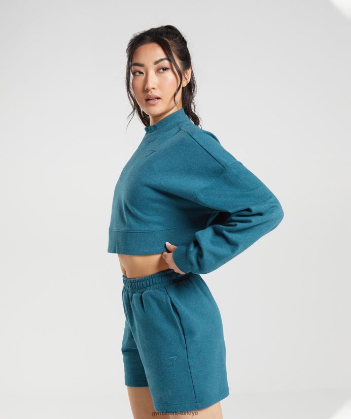 dinlenme günü terli kırpılmış kazak kadınlarGymshark çelik mavisi marn 02H048365