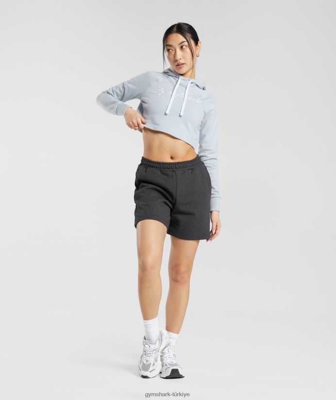 işlemeli grafik kırpılmış kapüşonlu üst kadınlarGymshark nehir taşı gri 02H048382