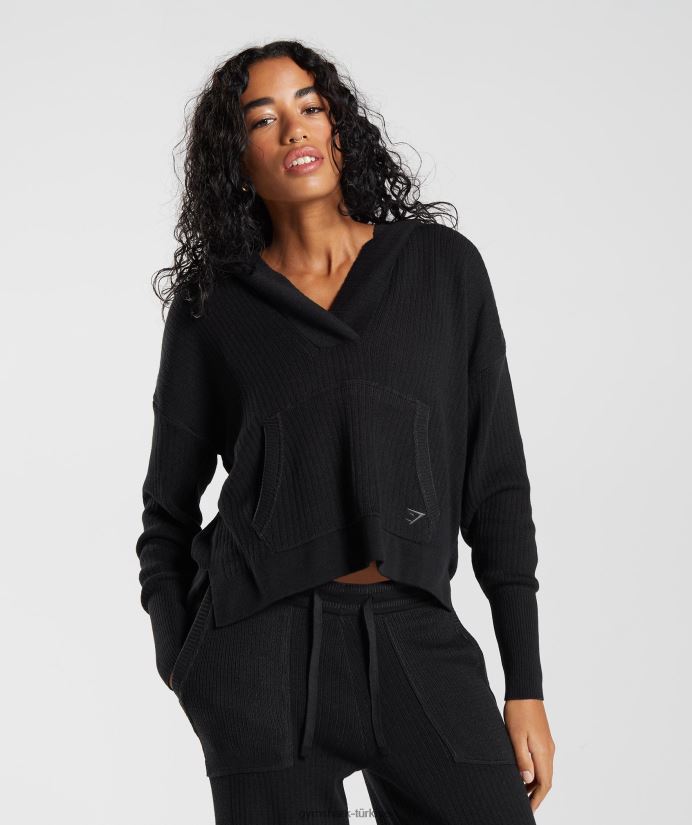 triko kapşonlu duraklat kadınlarGymshark siyah/oniks grisi 02H048353