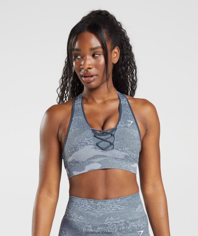 kamuflajlı dikişsiz spor sütyenini uyarlayın kadınlarGymshark nehir taşı grisi/akşam mavisi 02H048145