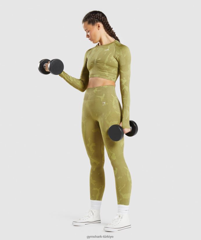 kamuflaj dikişsiz taytlara uyum sağlayın kadınlarGymshark savan | grifon yeşili 02H048247