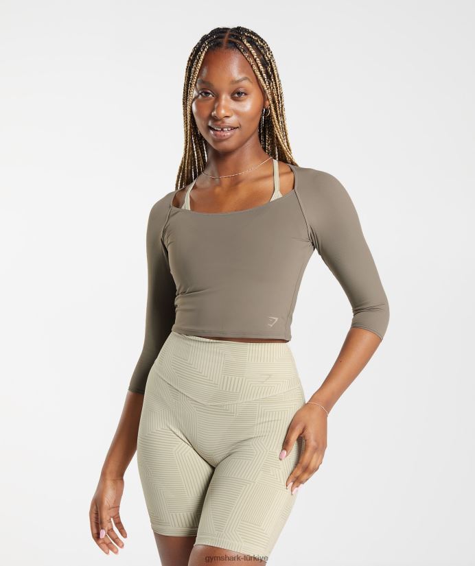 3/4 kollu yükseltilmiş üst kadınlarGymshark fırçalanmış kahverengi 02H048435