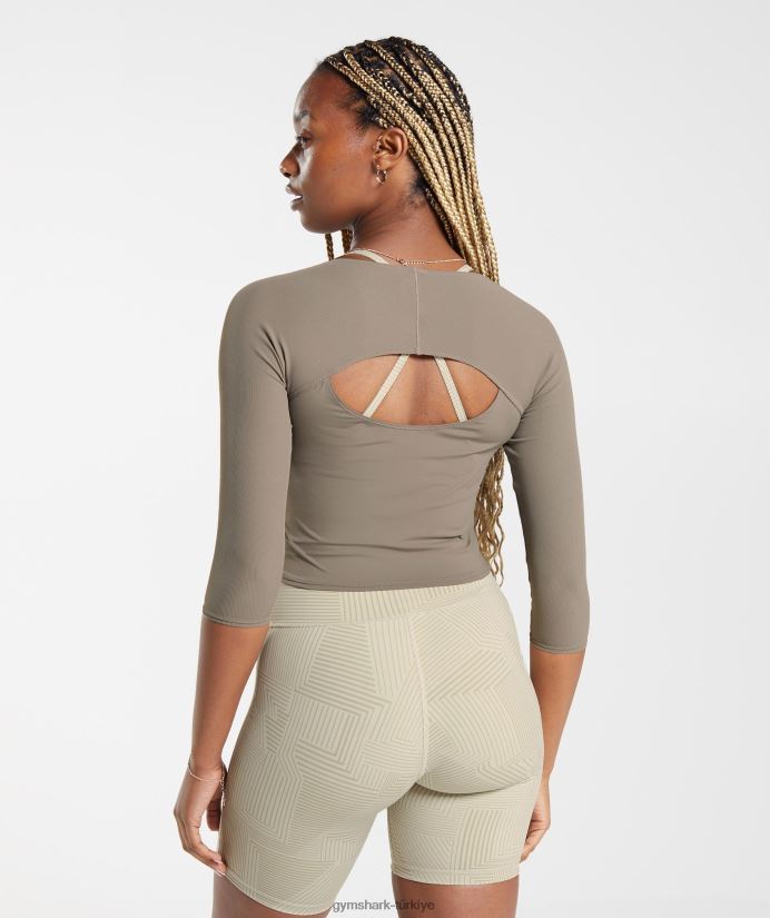 3/4 kollu yükseltilmiş üst kadınlarGymshark fırçalanmış kahverengi 02H048435