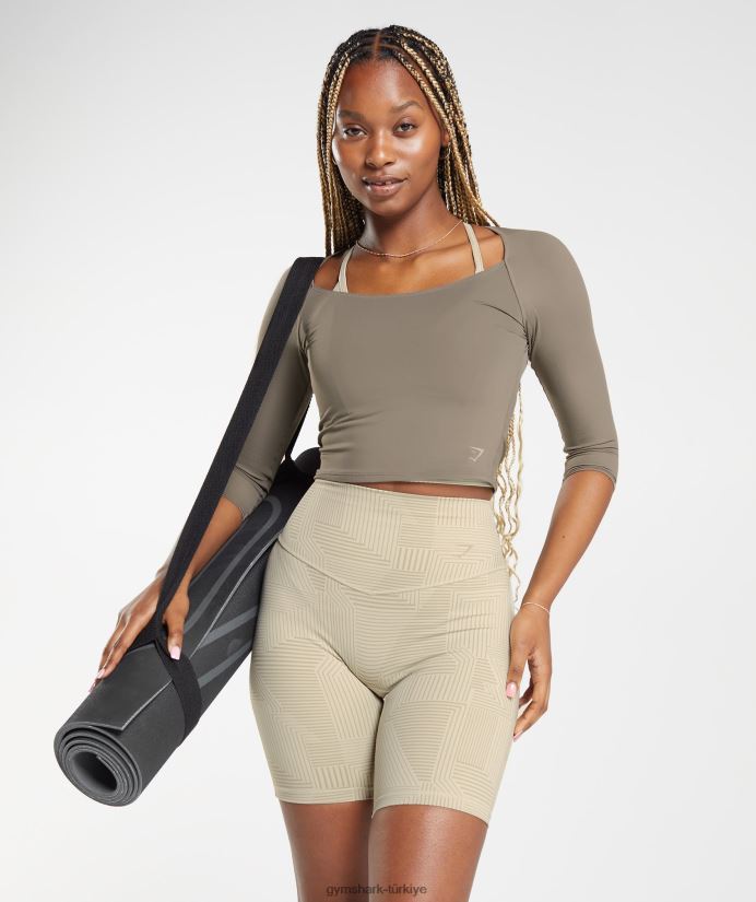 3/4 kollu yükseltilmiş üst kadınlarGymshark fırçalanmış kahverengi 02H048435