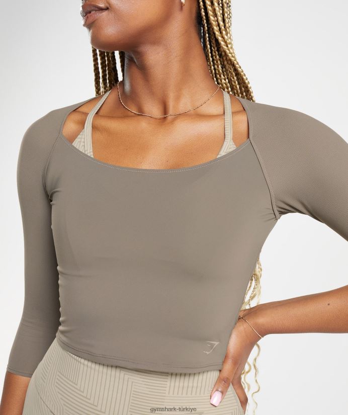 3/4 kollu yükseltilmiş üst kadınlarGymshark fırçalanmış kahverengi 02H048435