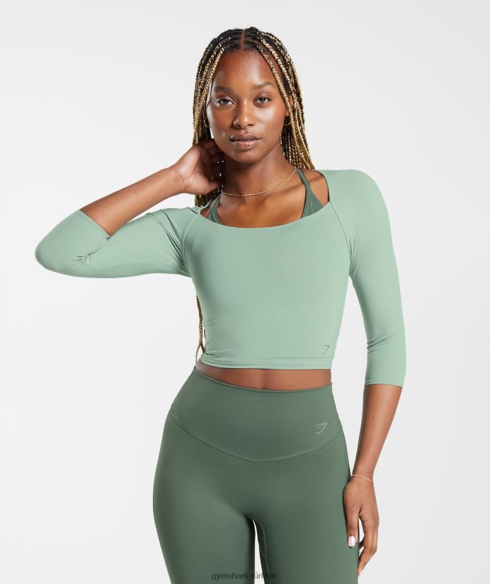 3/4 kollu yükseltilmiş üst kadınlarGymshark çöl adaçayı yeşili 02H048448