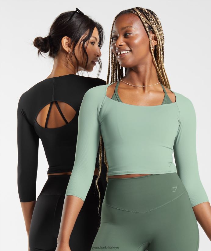 3/4 kollu yükseltilmiş üst kadınlarGymshark çöl adaçayı yeşili 02H048448