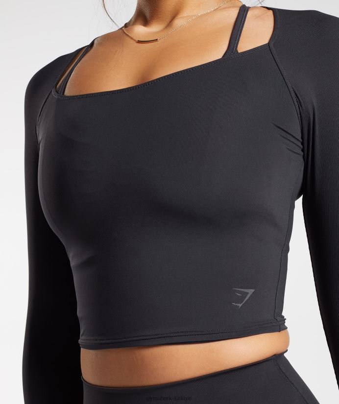 3/4 kollu yükseltilmiş üst kadınlarGymshark siyah 02H048422
