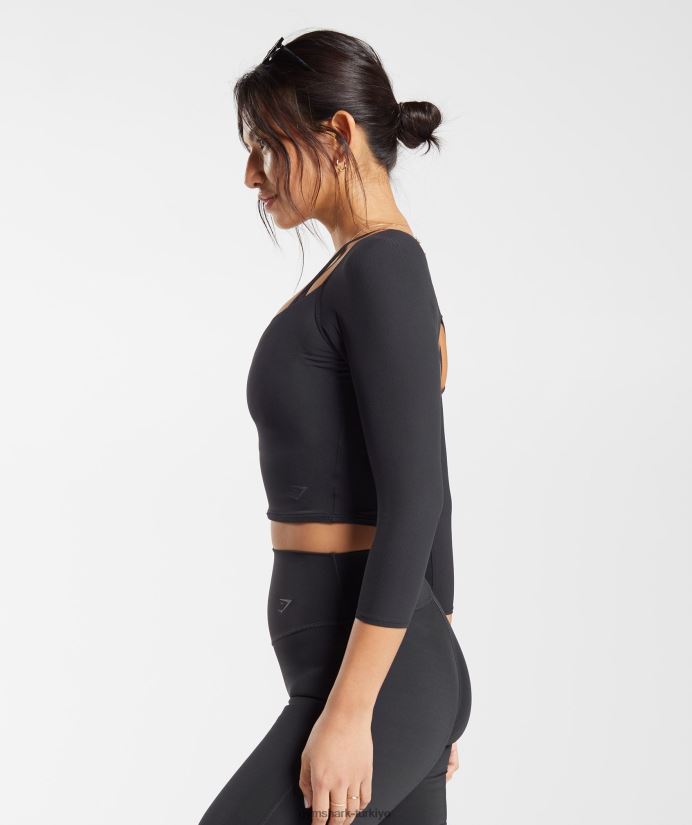 3/4 kollu yükseltilmiş üst kadınlarGymshark siyah 02H048422