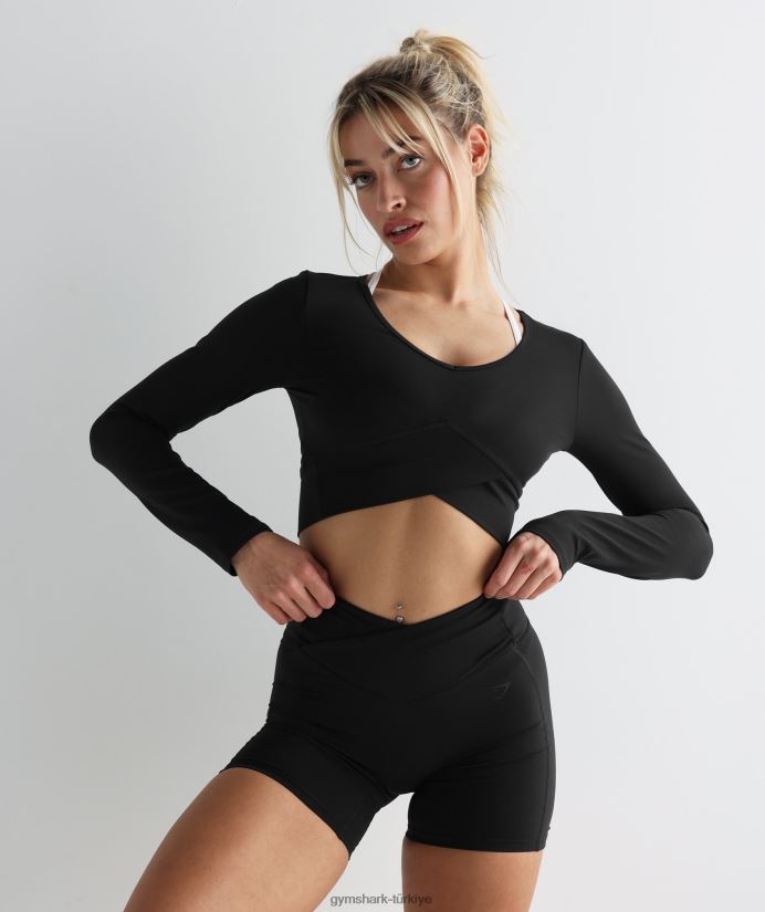 çapraz uzun kollu mahsul üst kadınlarGymshark siyah 02H048498