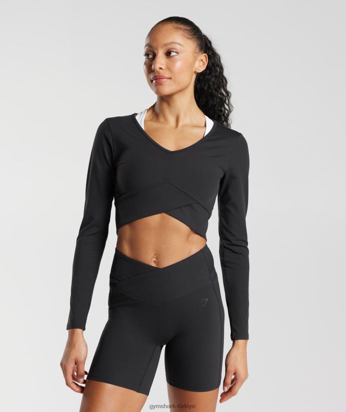 çapraz uzun kollu mahsul üst kadınlarGymshark siyah 02H048498