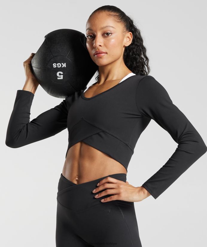 çapraz uzun kollu mahsul üst kadınlarGymshark siyah 02H048498