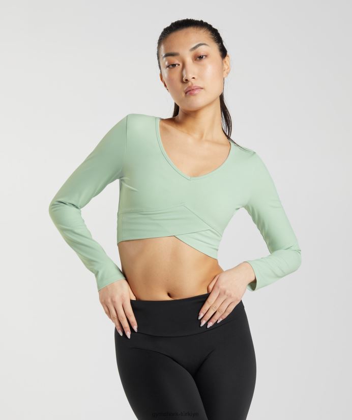 çapraz uzun kollu mahsul üst kadınlarGymshark sis yeşili 02H048454