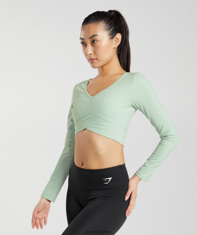 çapraz uzun kollu mahsul üst kadınlarGymshark sis yeşili 02H048454