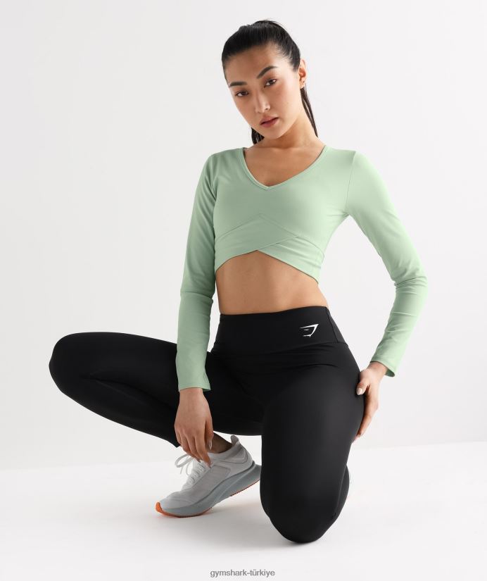 çapraz uzun kollu mahsul üst kadınlarGymshark sis yeşili 02H048454