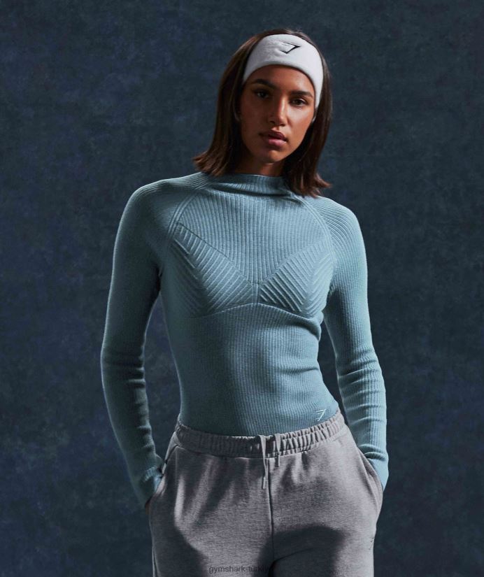 duraklatılmış triko uzun kollu üst kadınlarGymshark kömürleşmiş mavi/uysal mavi 02H048446