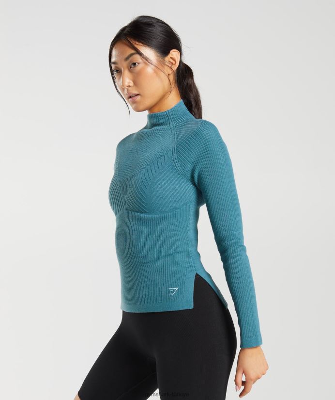 duraklatılmış triko uzun kollu üst kadınlarGymshark kömürleşmiş mavi/uysal mavi 02H048446