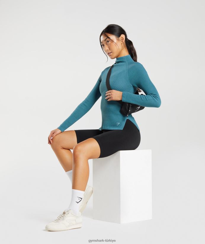 duraklatılmış triko uzun kollu üst kadınlarGymshark kömürleşmiş mavi/uysal mavi 02H048446
