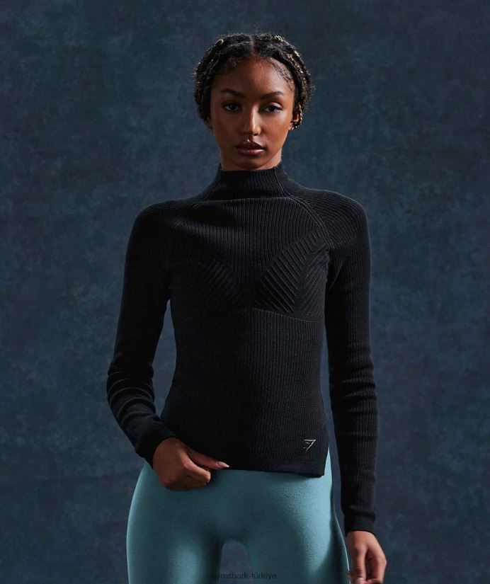 duraklatılmış triko uzun kollu üst kadınlarGymshark siyah/oniks grisi 02H048461
