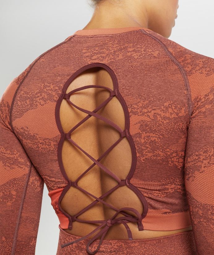 kamuflaj dikişsiz arka üst bağcığı uyarlayın kadınlarGymshark fırtına kırmızısı/kiraz kahvesi 02H048449