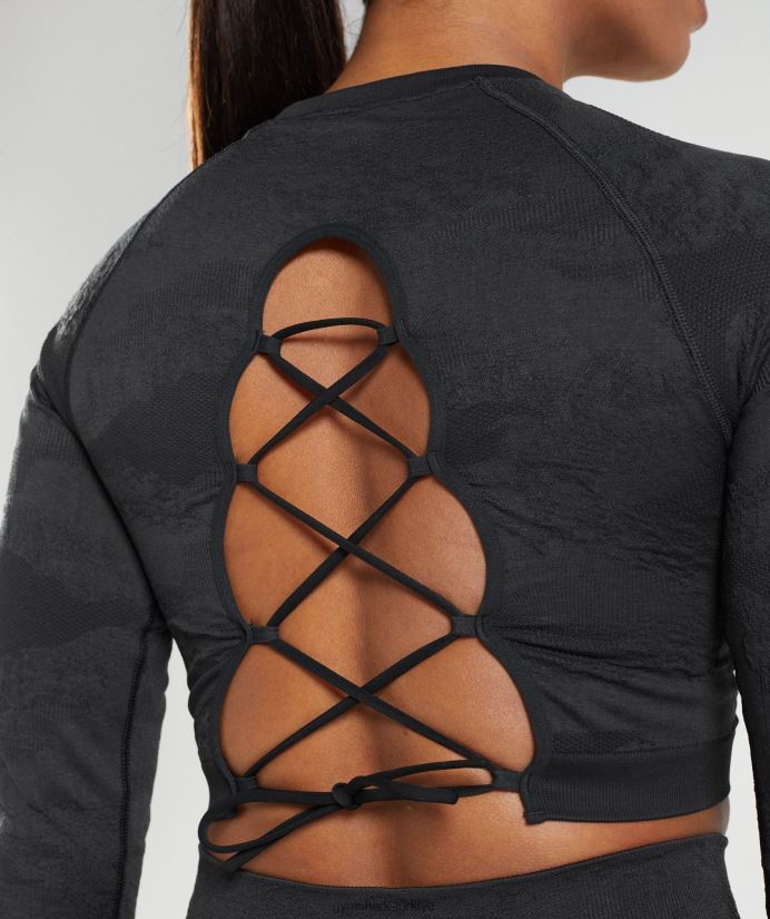 kamuflaj dikişsiz arka üst bağcığı uyarlayın kadınlarGymshark siyah/oniks grisi 02H048451