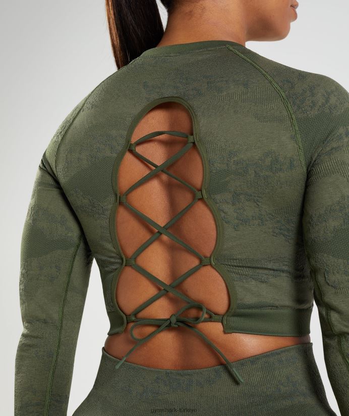 kamuflaj dikişsiz arka üst bağcığı uyarlayın kadınlarGymshark yosun zeytini/çekirdek zeytini 02H048452