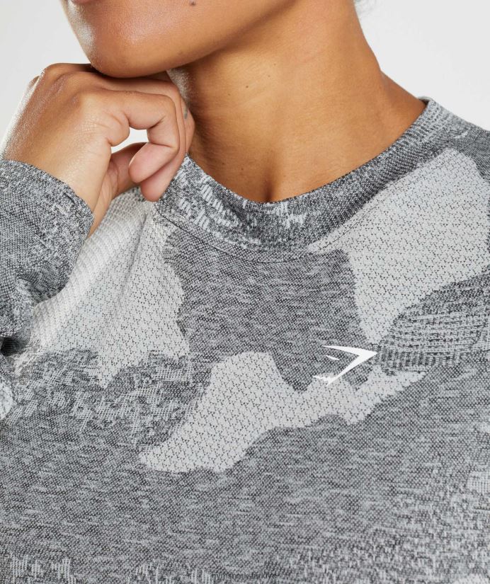 kamuflajlı dikişsiz uzun kollu üst kadınlarGymshark açık gri/siyah 02H048465