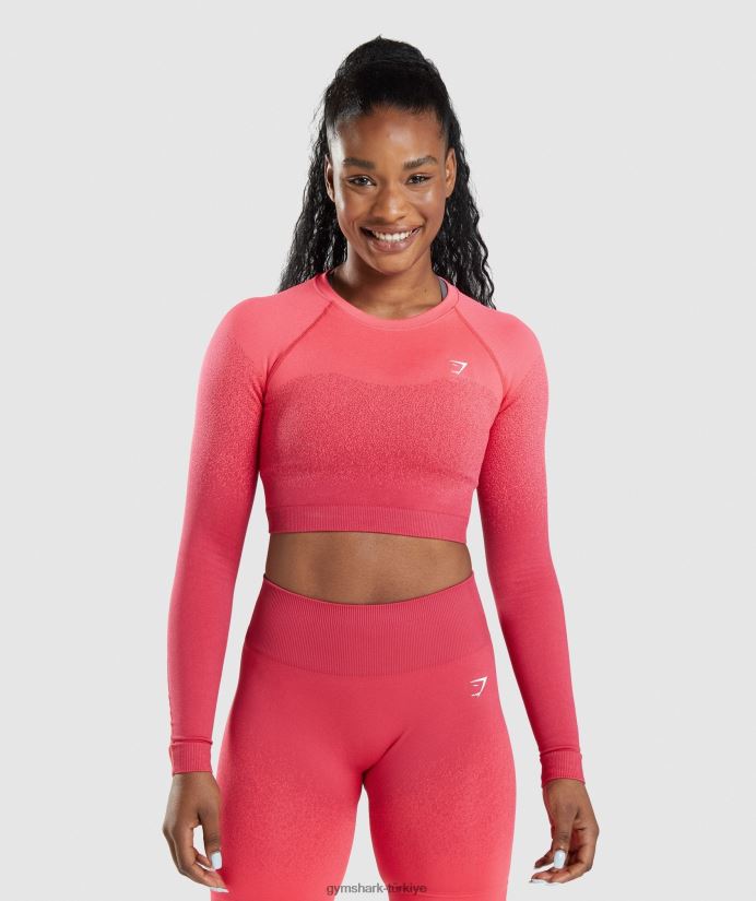 ombre dikişsiz uzun kollu kısa üst kadınlarGymshark Pembe kırmızı 02H048488