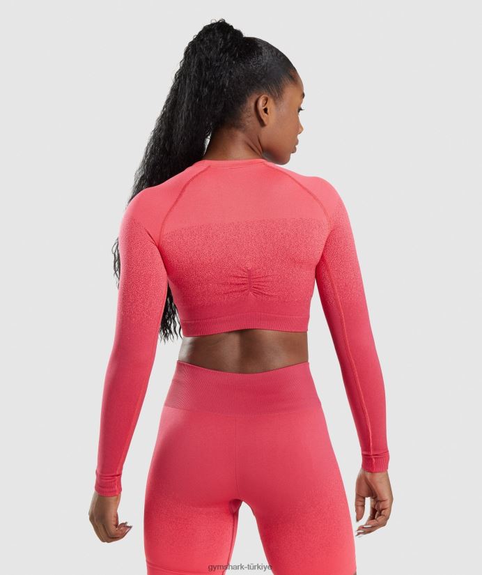 ombre dikişsiz uzun kollu kısa üst kadınlarGymshark Pembe kırmızı 02H048488