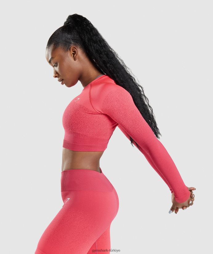 ombre dikişsiz uzun kollu kısa üst kadınlarGymshark Pembe kırmızı 02H048488