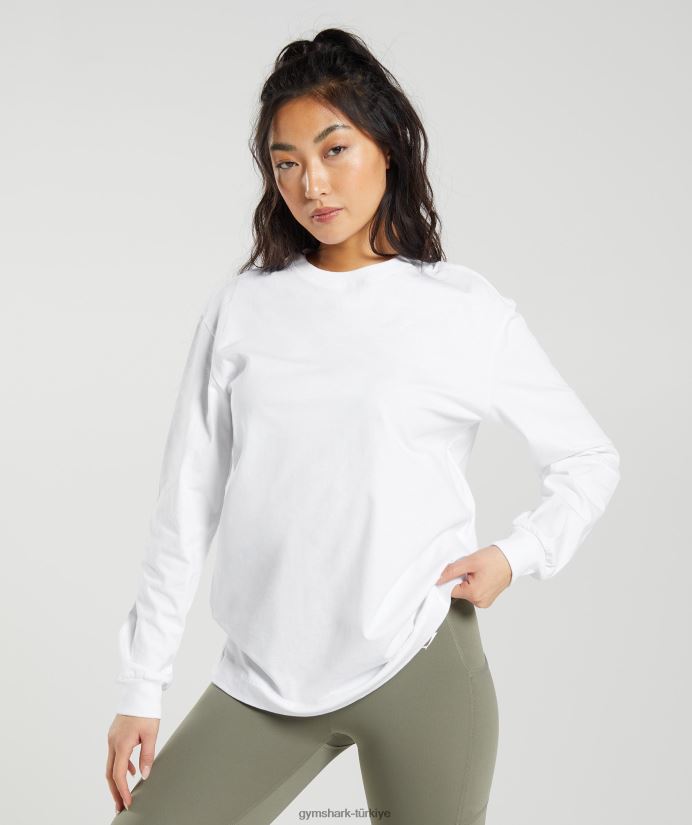 pamuklu büyük beden uzun kollu üst kadınlarGymshark beyaz 02H048420