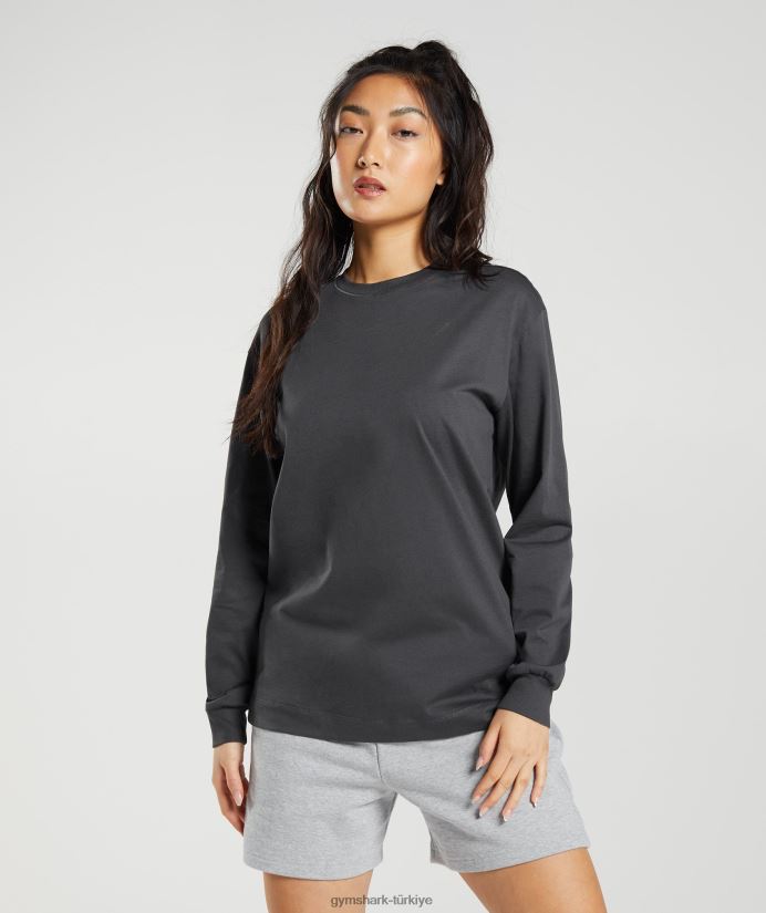 pamuklu büyük beden uzun kollu üst kadınlarGymshark oniks grisi 02H048434