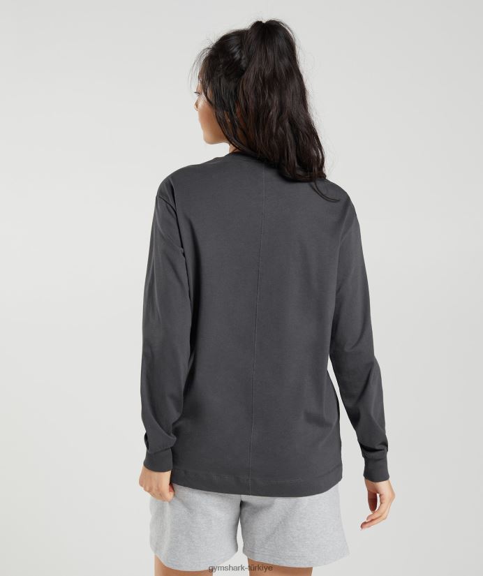 pamuklu büyük beden uzun kollu üst kadınlarGymshark oniks grisi 02H048434