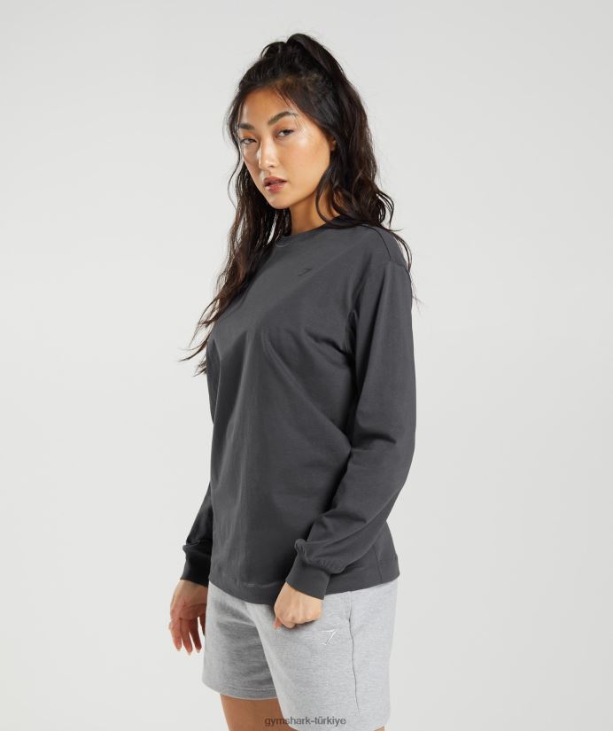 pamuklu büyük beden uzun kollu üst kadınlarGymshark oniks grisi 02H048434