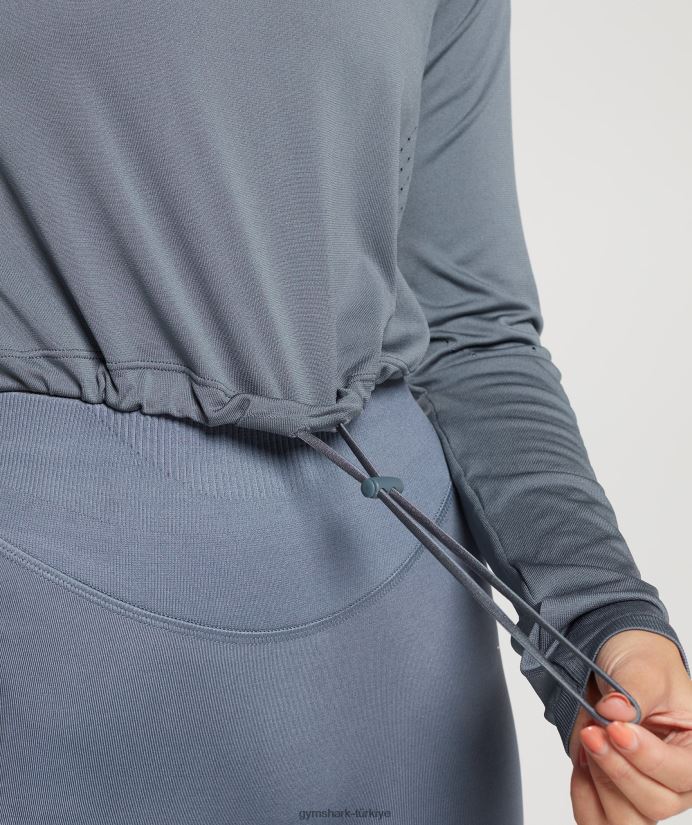 ter dikişsiz uzun kollu kısa üst kadınlarGymshark akşam mavisi 02H048431