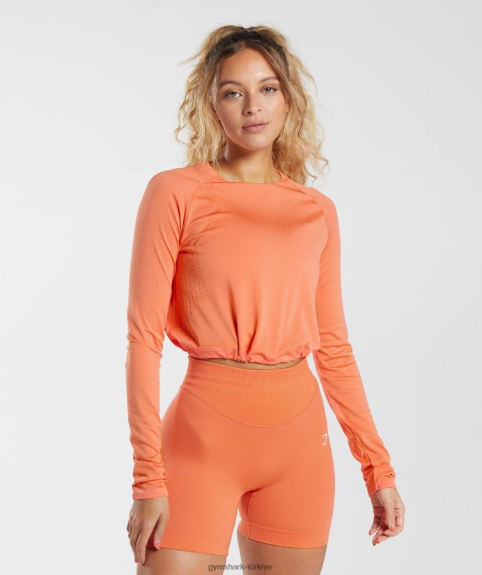 ter dikişsiz uzun kollu kısa üst kadınlarGymshark havacılık turuncu 02H048456