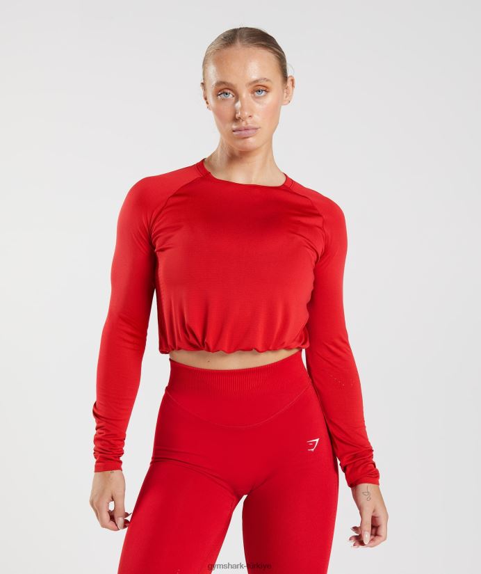 ter dikişsiz uzun kollu kısa üst kadınlarGymshark salsa kırmızısı 02H048439