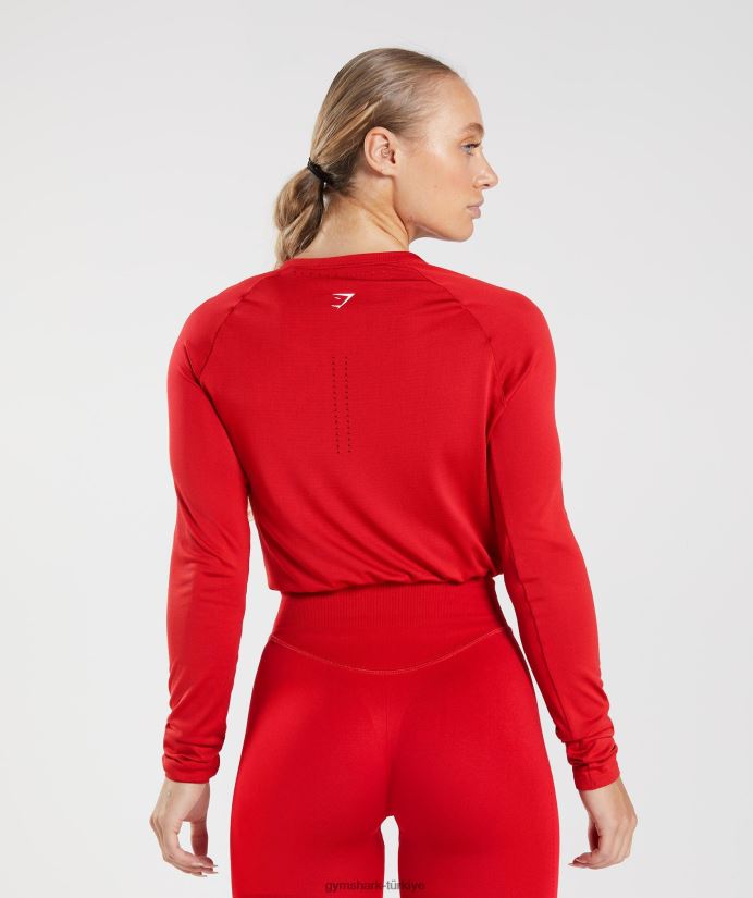 ter dikişsiz uzun kollu kısa üst kadınlarGymshark salsa kırmızısı 02H048439