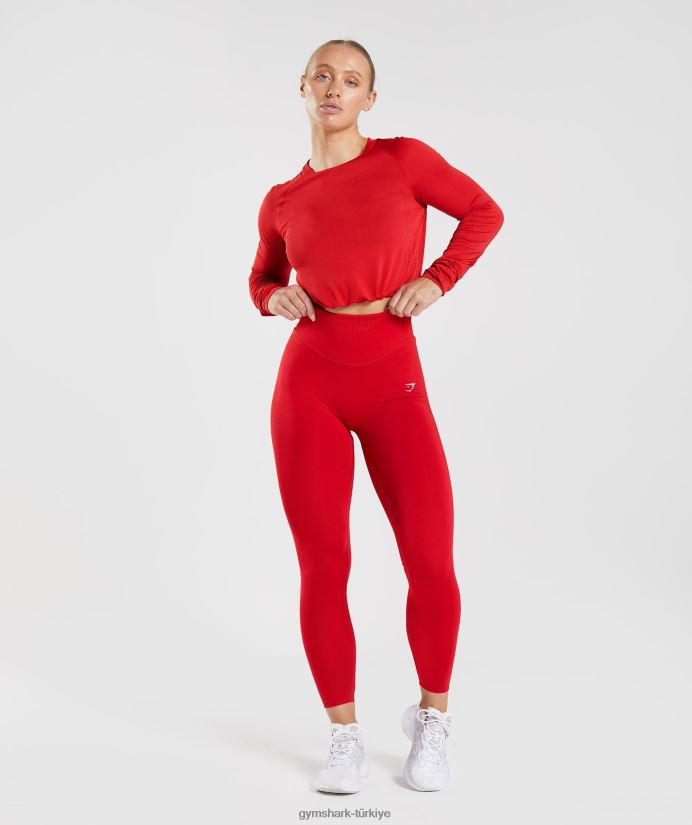 ter dikişsiz uzun kollu kısa üst kadınlarGymshark salsa kırmızısı 02H048439