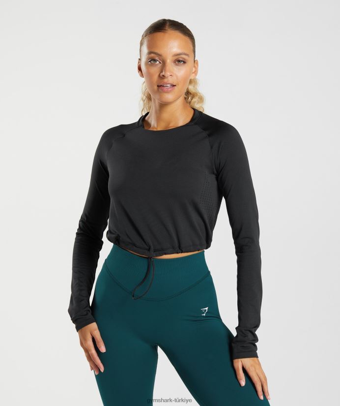 ter dikişsiz uzun kollu kısa üst kadınlarGymshark siyah 02H048430