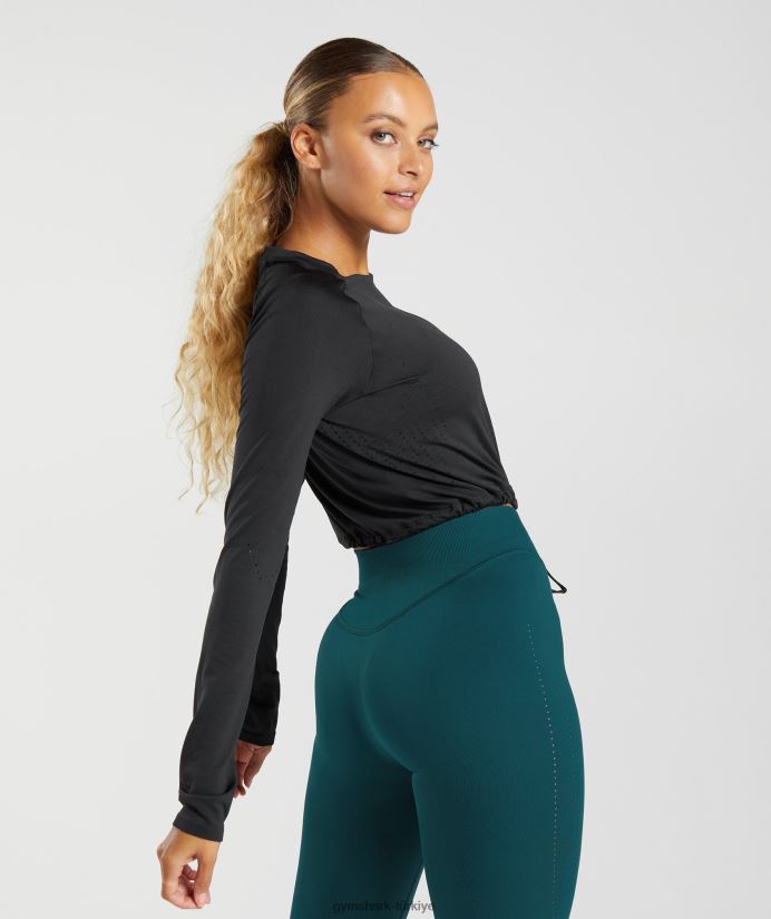 ter dikişsiz uzun kollu kısa üst kadınlarGymshark siyah 02H048430