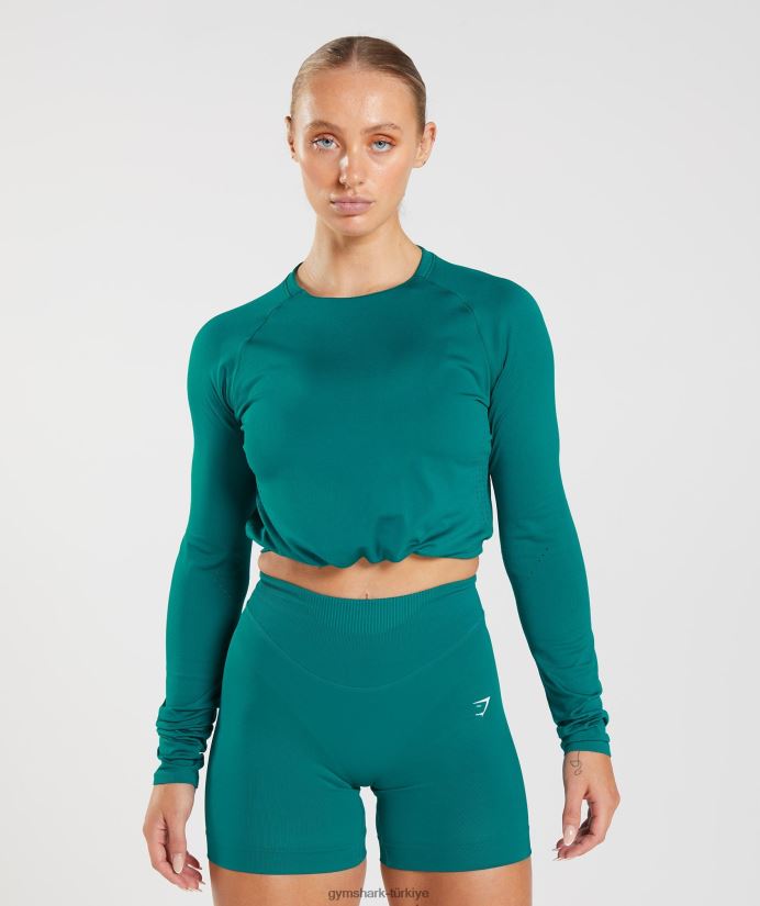 ter dikişsiz uzun kollu kısa üst kadınlarGymshark zengin deniz mavisi 02H048433