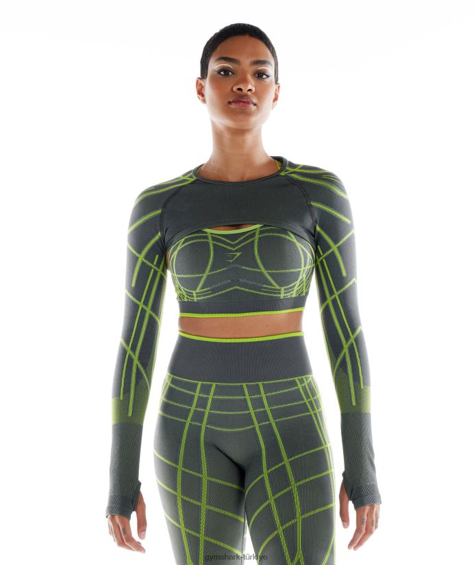 wtflex doğrusal dikişsiz uzun kollu omuz silkme kadınlarGymshark kömür grisi/fluo yeşili/açık gri 02H048490